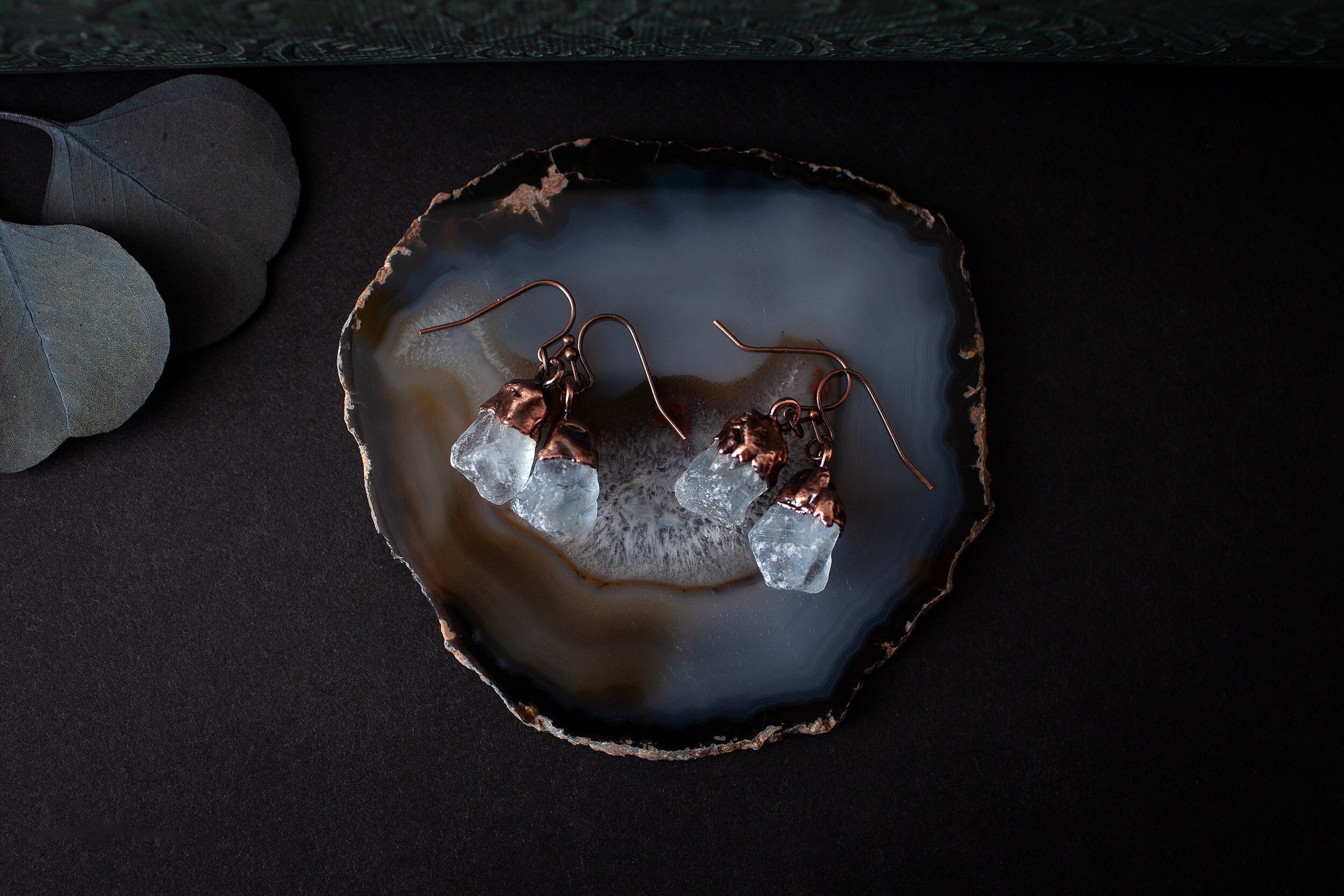 Raw Celestite Earrings: Electroformed Copper Crystal Dangles