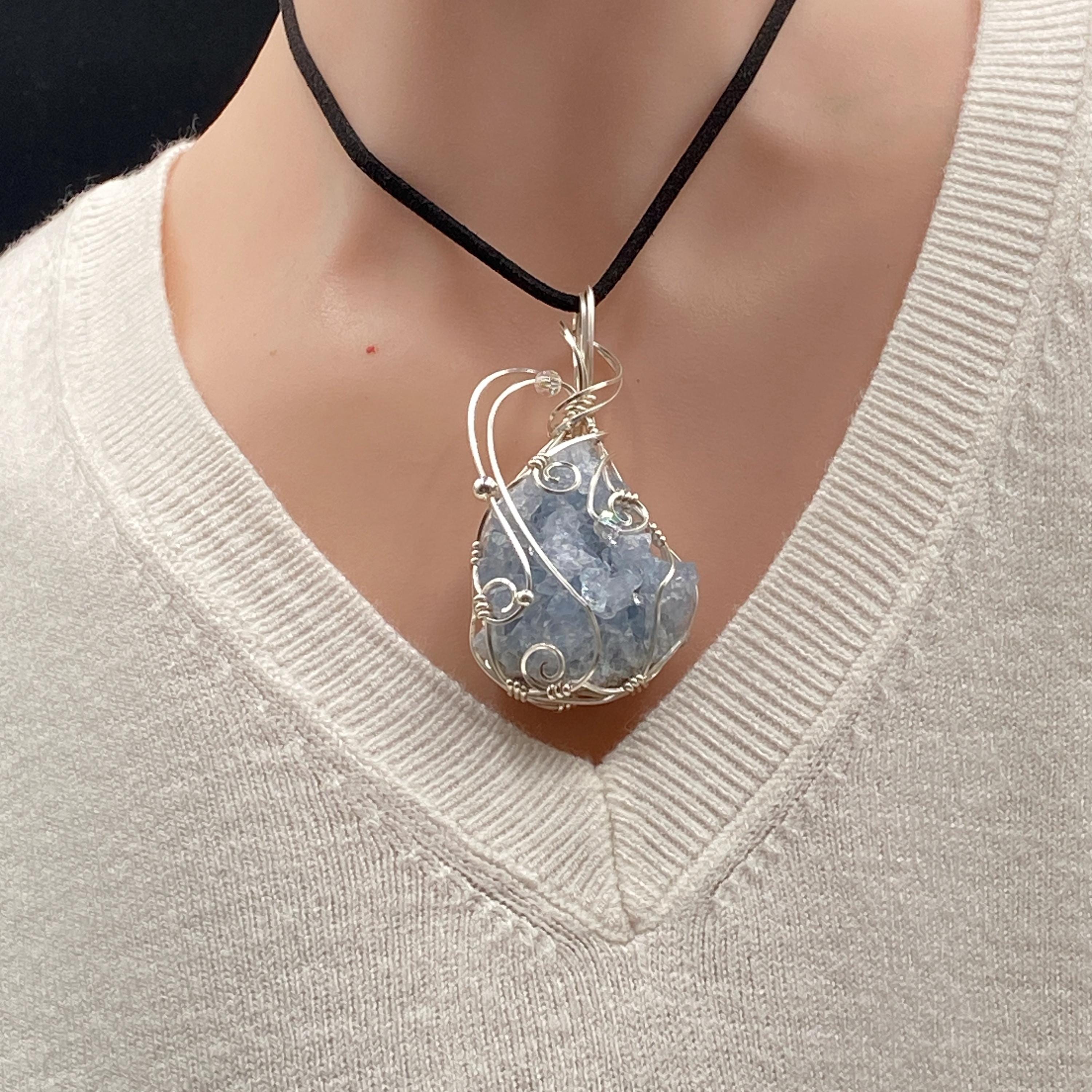 Celestite Crystal Cluster Pendant, Blue Gemstone Necklace, Designer Wire Wrapped Jewelry, Bold Statement Piece