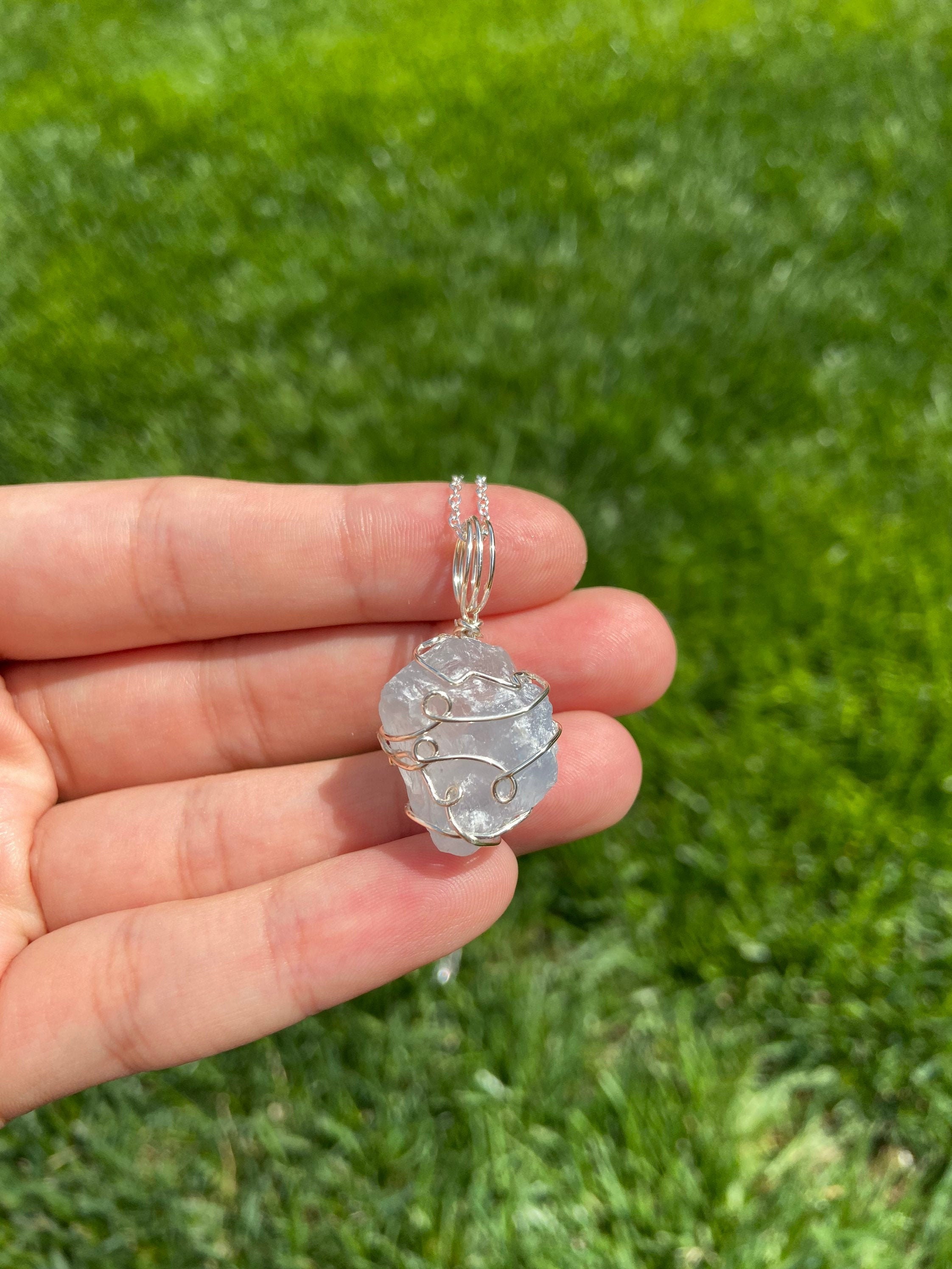 Raw Blue Celestite Necklace, Silver Wire Wrapped Celestine Jewelry, Raw Crystal Stone, Rough Celestite Necklace, Crystal For Mindfulness Raw Blue Celestite Necklace, Silver Wire Wrapped Celestine Jewelry, Raw Crystal Stone, Rough Celestite Necklace, Crystal For Mindfulness