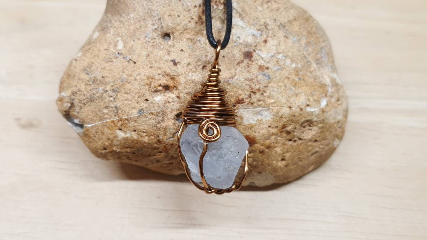 Mens Raw Celestite Pendant. Unisex Rare Blue Crystal Necklace. Reiki Jewelry Uk. Wire Wrapped Pendant Mens Raw Celestite Pendant. Unisex Rare Blue Crystal Necklace. Reiki Jewelry Uk. Wire Wrapped Pendant