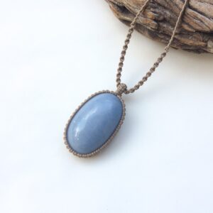 Natural Celestite necklace, Macrame necklace with blue stone, Big oval Celestite stone, Celestite pendant, Macrame art, Light blue, Unisex