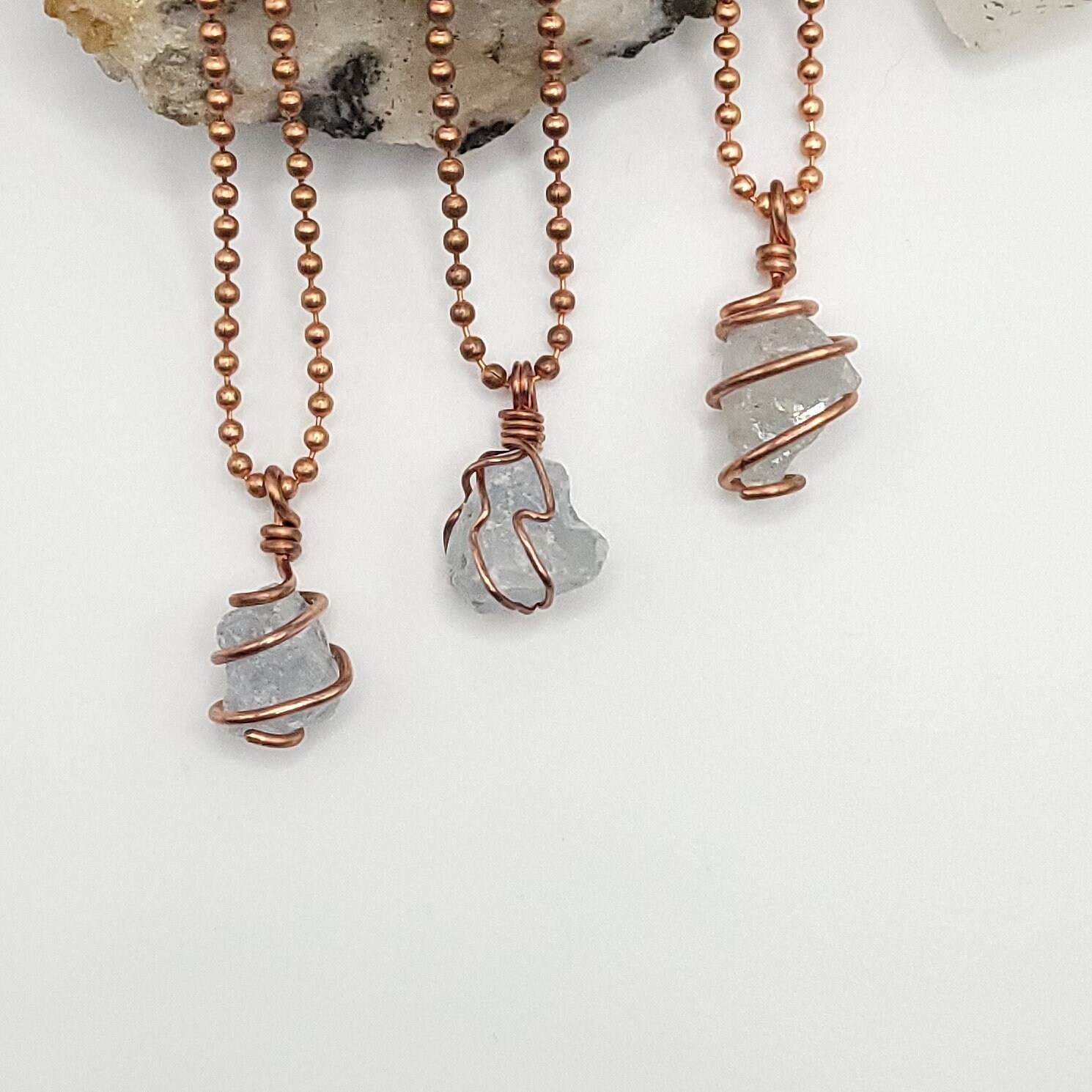 Celestite Necklace, Copper Wire Wrapped Celestite Pendant | Promotes Calm, Courage And Clarity