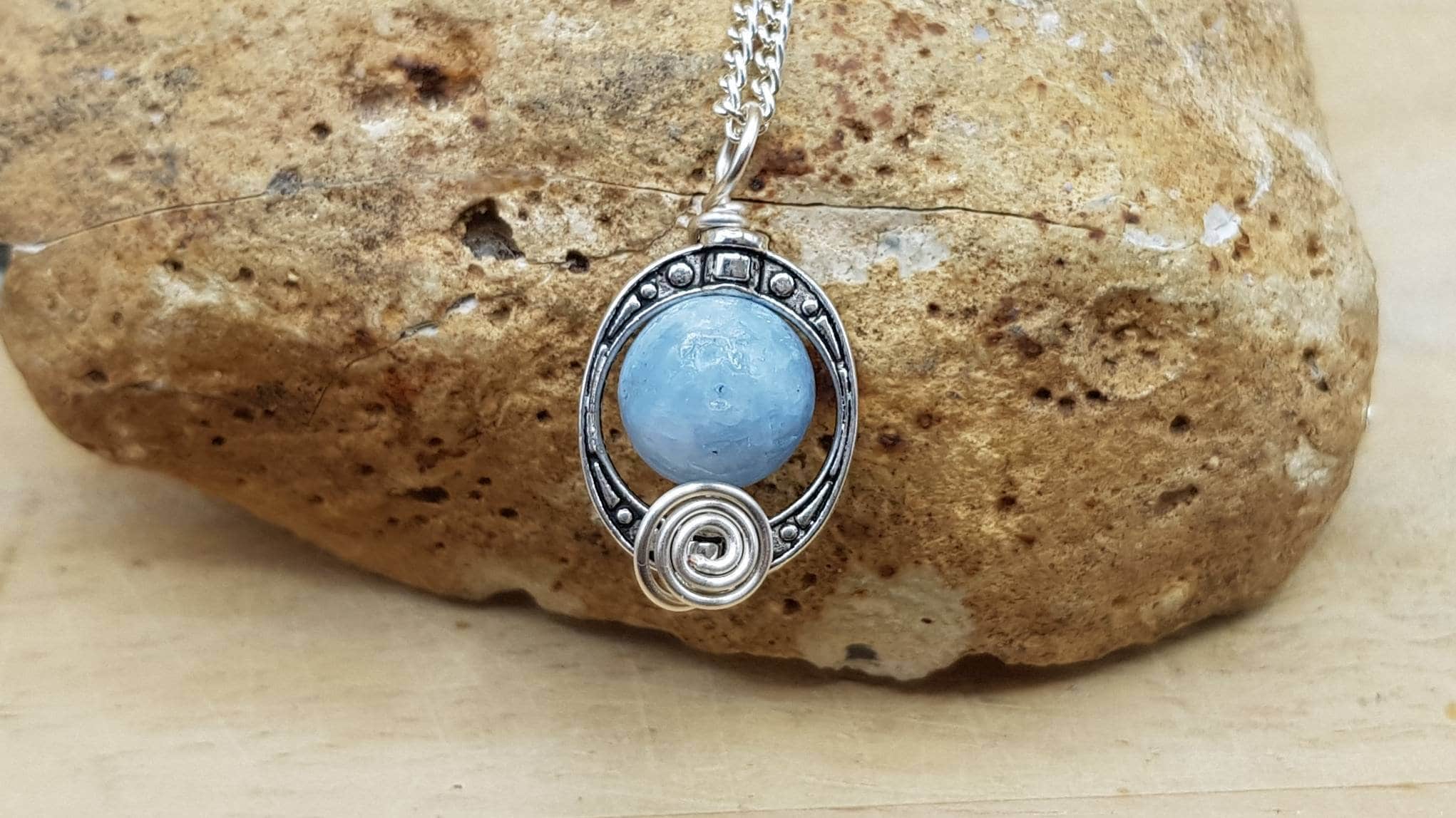Rare Blue Celestite Pendant Necklace. Reiki Jewelry Uk. Silver Plated Celestine Wire Wrapped Oval Frame Pendant. 10mm Stone. C1 Rare Blue Celestite Pendant Necklace. Reiki Jewelry Uk. Silver Plated Celestine Wire Wrapped Oval Frame Pendant. 10mm Stone. C1