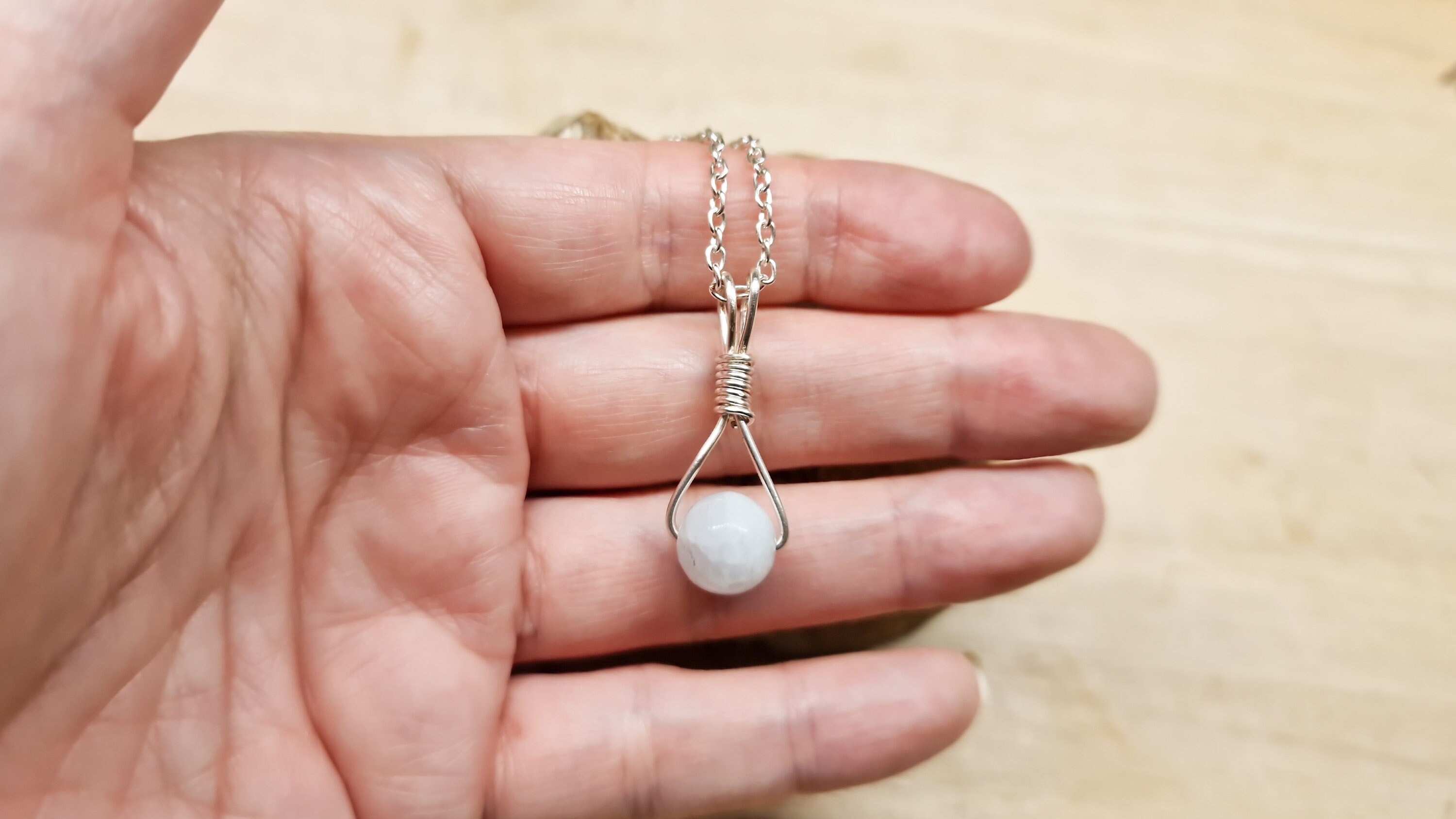 Celestite Pendant. Reiki Jewelry Uk. Silver Plated Triangle Wire Wrapped Pendant. 10mm Stone. Mineral Jewelry. Celestine Frame Necklace