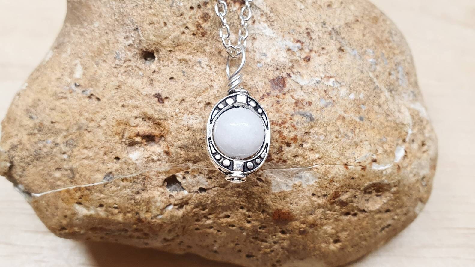 Tiny Celestite Pendant. Reiki Jewelry Uk. Silver Plated Wire Wrapped Pendant. 8mm Stone. Mineral Jewelry. Celestine Frame Necklace