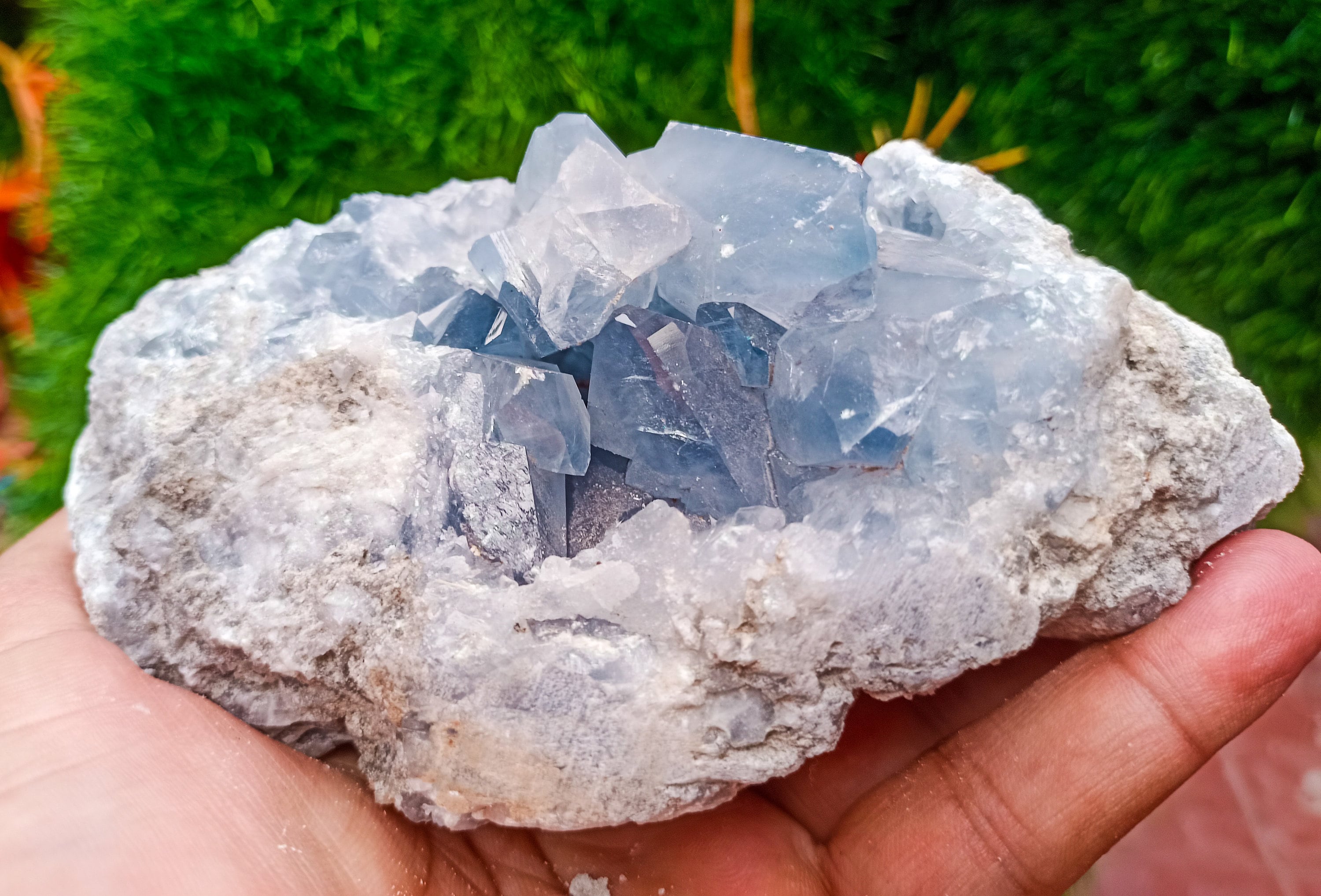 Raw Blue Celestite Crystal Cluster: Sparkling Geode Display