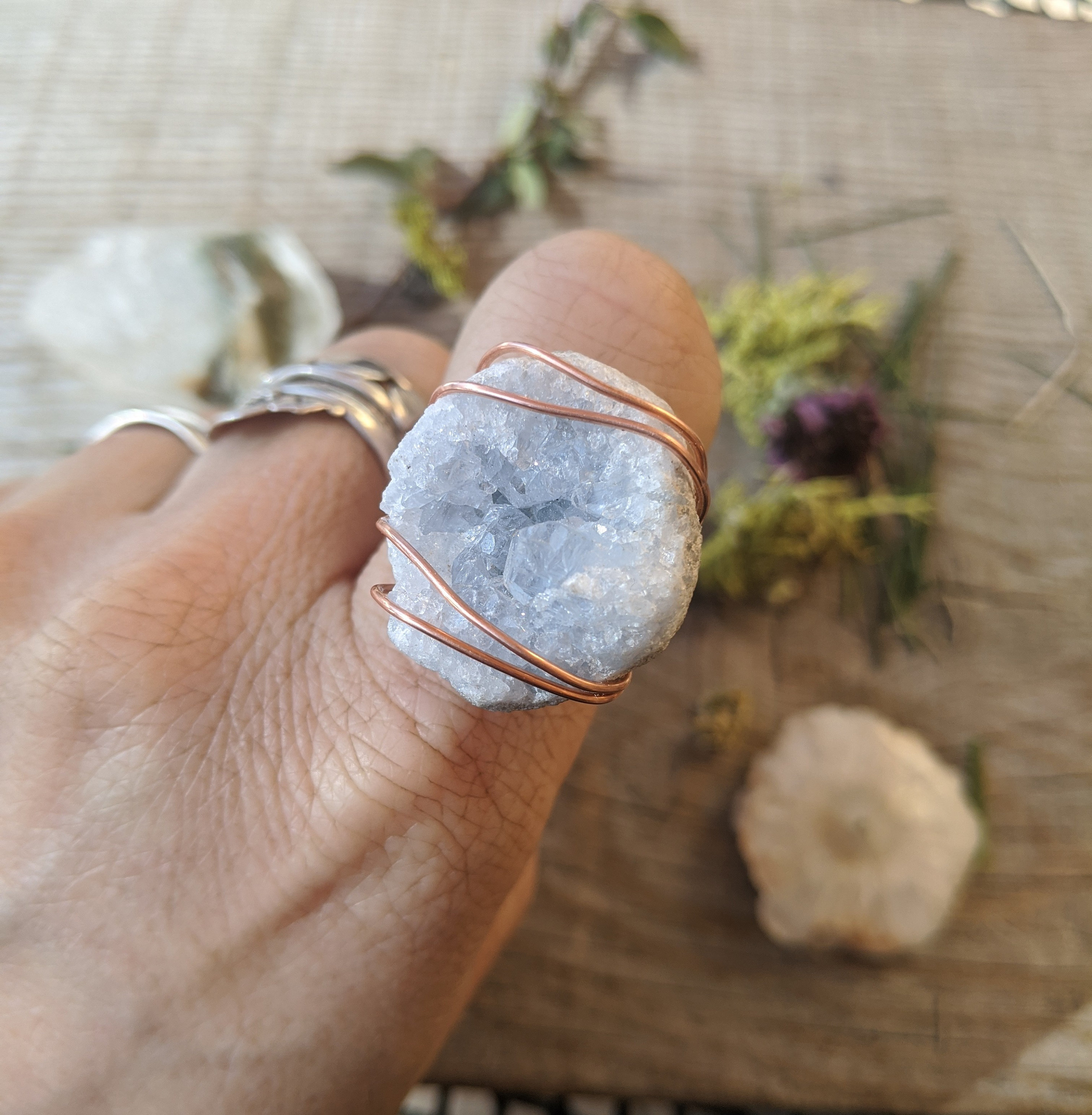Celestite Ring, Blue Celestite Crystal Ring, Cute Crystal Ring, Natural Raw Rough Celestite Geode Ring, Celestite Jewelry, Celestite Crystal
