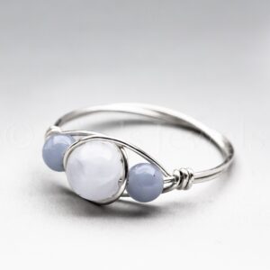 Celestite Crystal & Angelite Sterling Silver Wire Wrapped Gemstone BEAD Ring - Made to Order