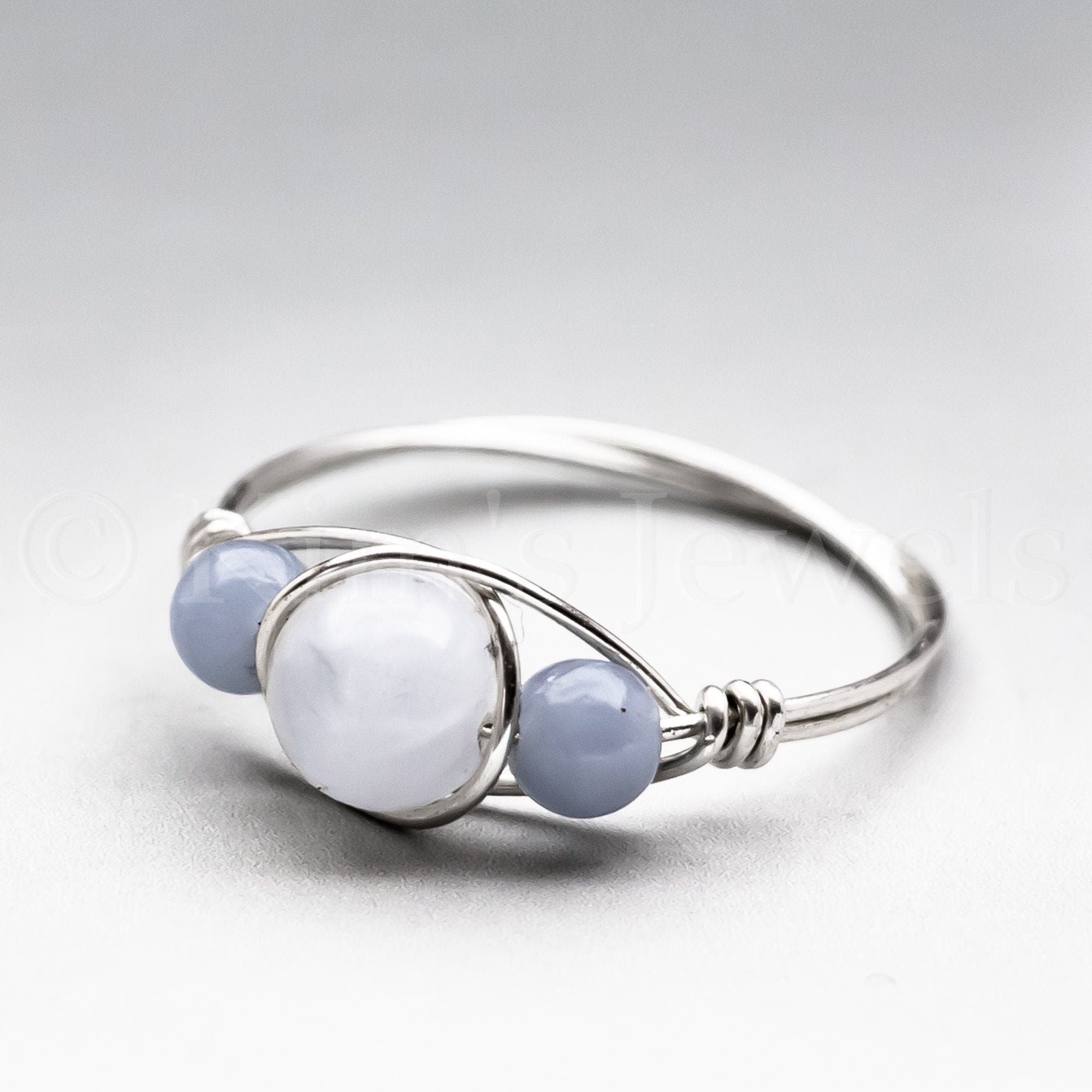 Celestite Crystal & Angelite Sterling Silver Wire Wrapped Gemstone Bead Ring - Made To Order Celestite Crystal & Angelite Sterling Silver Wire Wrapped Gemstone Bead Ring - Made To Order