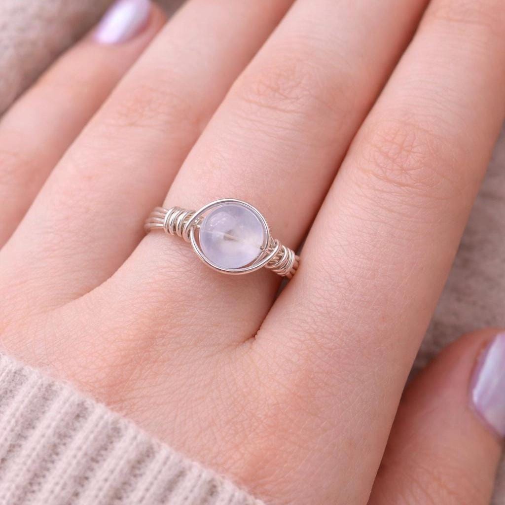 Wire Wrapped Crystal Ring, Blue Celestite Stone Jewelry, Earthy Boho Gemstone Accessory, Silver Stackable Band, Gift For Hippie Friends Wire Wrapped Crystal Ring, Blue Celestite Stone Jewelry, Earthy Boho Gemstone Accessory, Silver Stackable Band, Gift For Hippie Friends