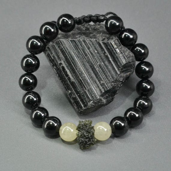 Certified Moldavite Bracelet Men With Libyan Desert Glass High Vibration Green And Yellow Meteorite Bracelet