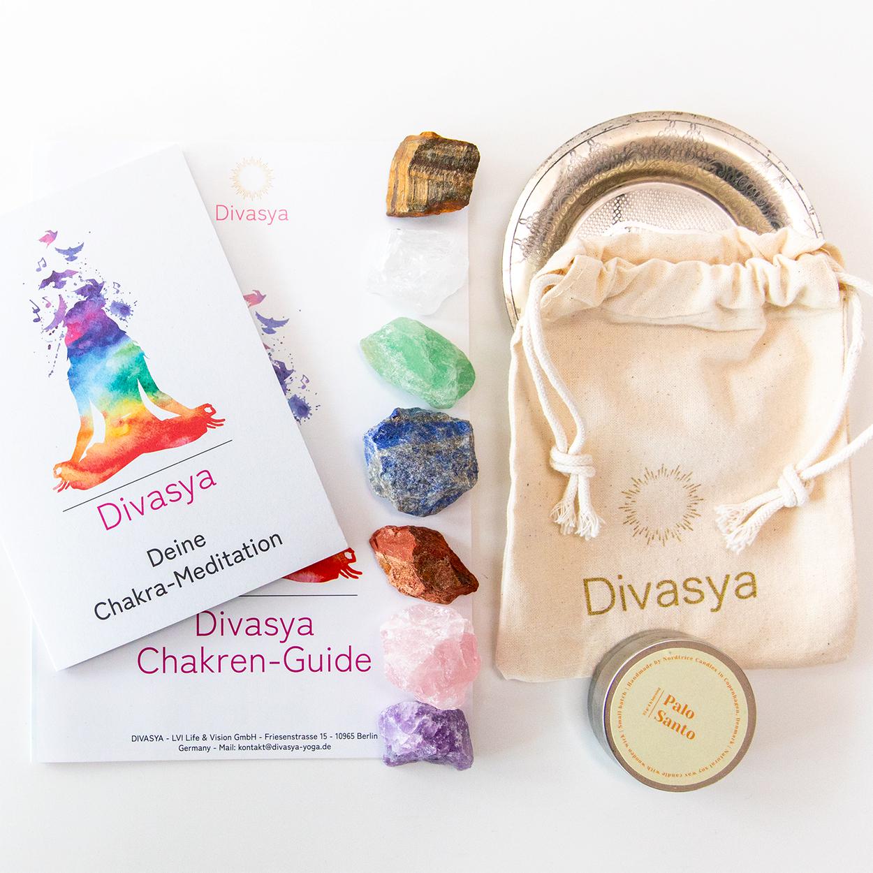 Chakra Steine | 7 Chakra Rohsteine | Chakra Meditation | Chakra Steine Set | Mit Chakra Guide, Palo Santo Kerze, Teller Beutel | Geschenkset