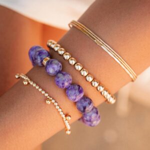 14K GOLD Charoite 12mm | 12mm Charoite Genuine Bracelet [EBCM1792] Charoite stretch bracelet | Charoite AAAA+ 12mm | Charoite bracelet