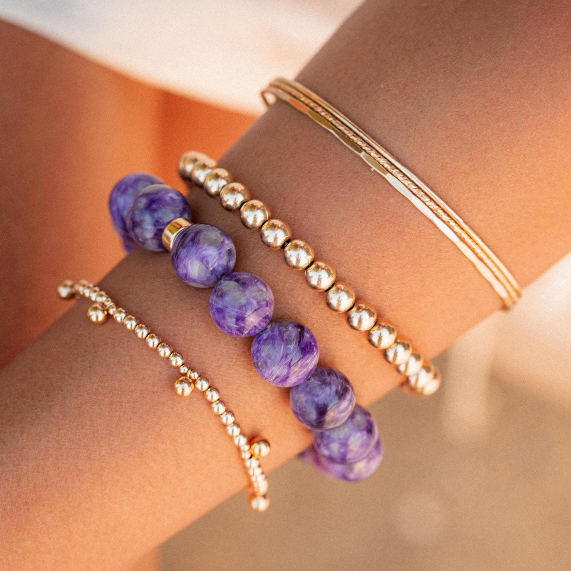 14k Gold Charoite 12mm | 12mm Charoite Genuine Bracelet [ebcm1792] Charoite Stretch Bracelet | Charoite Aaaa+ 12mm | Charoite Bracelet