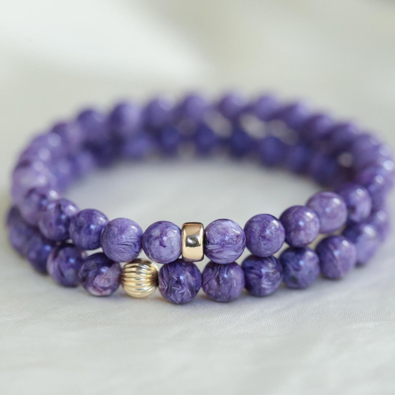 14k Gold Charoite Genuine Bracelet | 6mm Charoite Genuine Bracelet | Charoite Stretch Bracelet | Chariote Aaaa+