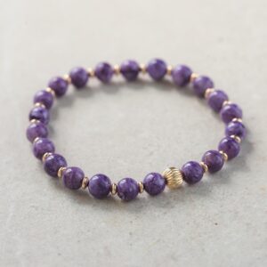 14K solid gold, Genuine Charoite Bracelet | 6mm Charoite Genuine Bracelet, Charoite stretch bracelet | Chaorite bracelet 14K Gold