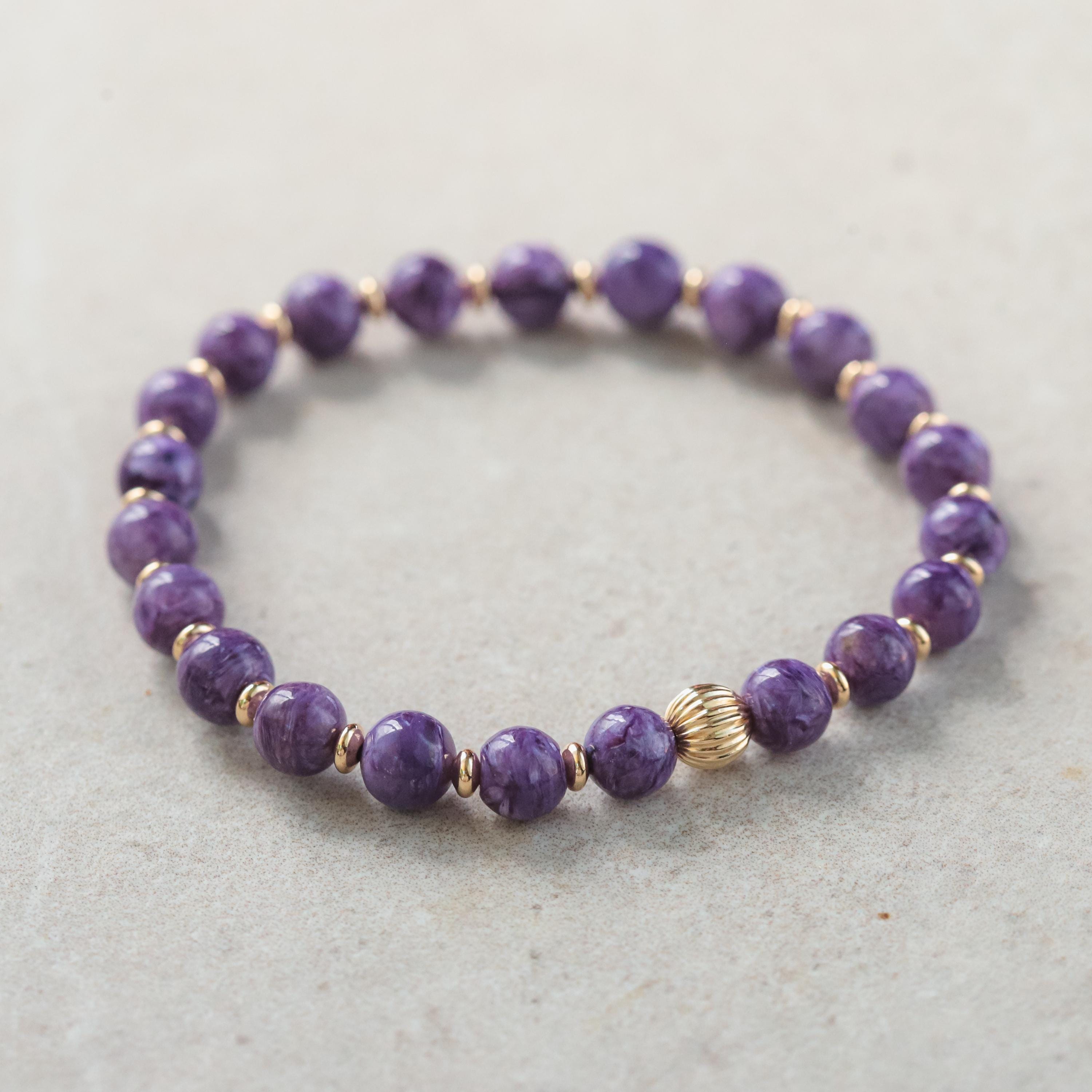 14k Solid Gold, Genuine Charoite Bracelet | 6mm Charoite Genuine Bracelet, Charoite Stretch Bracelet | Chaorite Bracelet 14k Gold 14k Solid Gold, Genuine Charoite Bracelet | 6mm Charoite Genuine Bracelet, Charoite Stretch Bracelet | Chaorite Bracelet 14k Gold