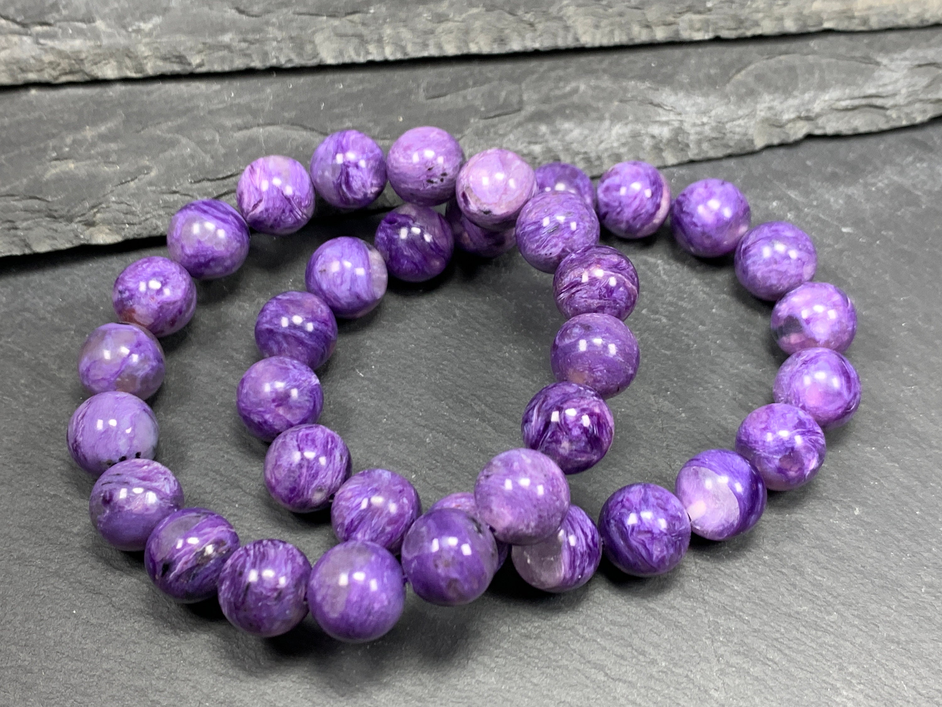 Charoite Bead Bracelet, Purple Gemstones (12mm, Stretchy Cord)