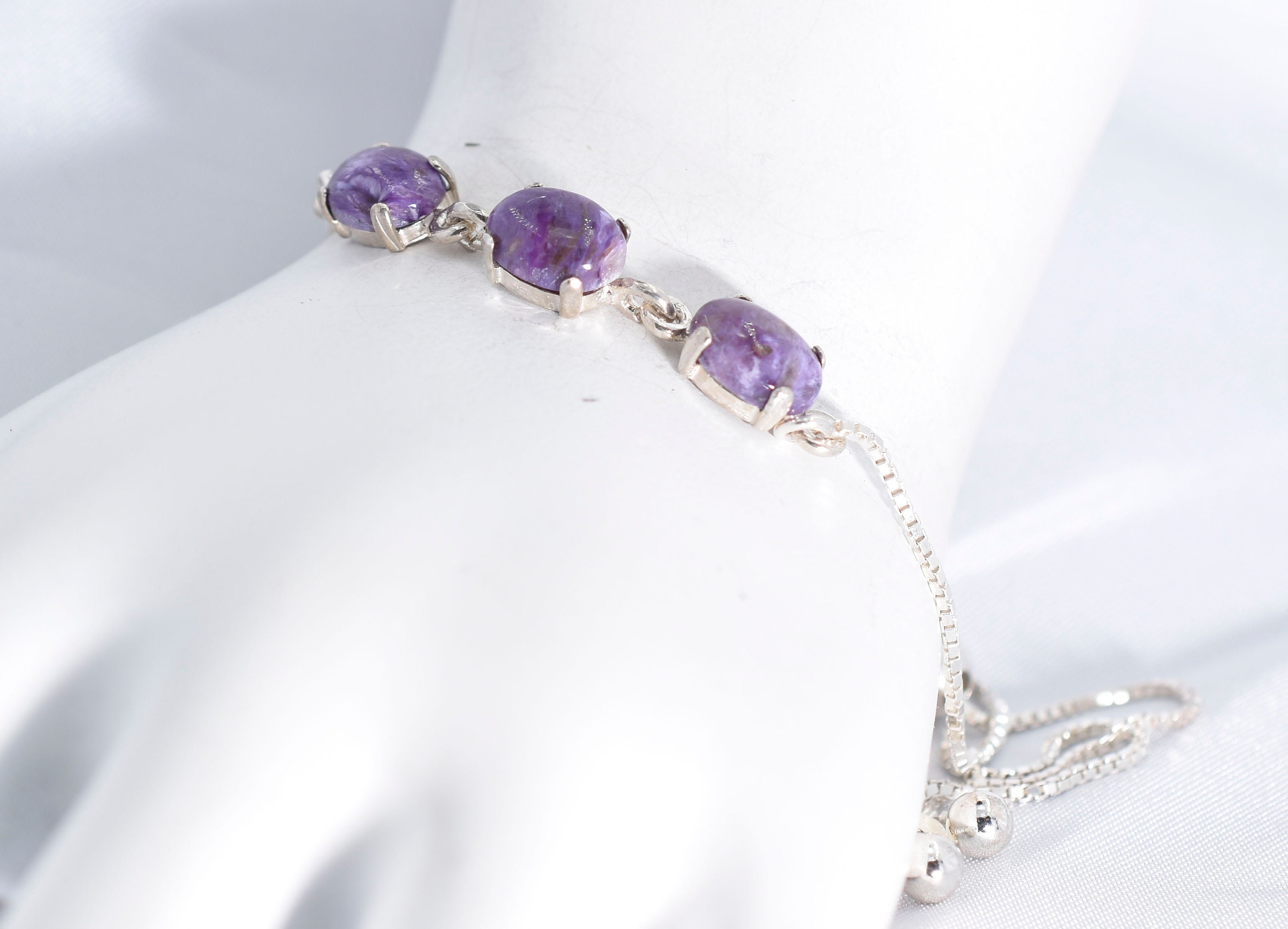 Charoite Bolo Bracelet, Or Anklet, Genuine Gemstone Three 8x6 Mm Cabochon Ovals, Set In 925 Sterling Silver Adjustable Bracelet Charoite Bolo Bracelet, Or Anklet, Genuine Gemstone Three 8x6 Mm Cabochon Ovals, Set In 925 Sterling Silver Adjustable Bracelet