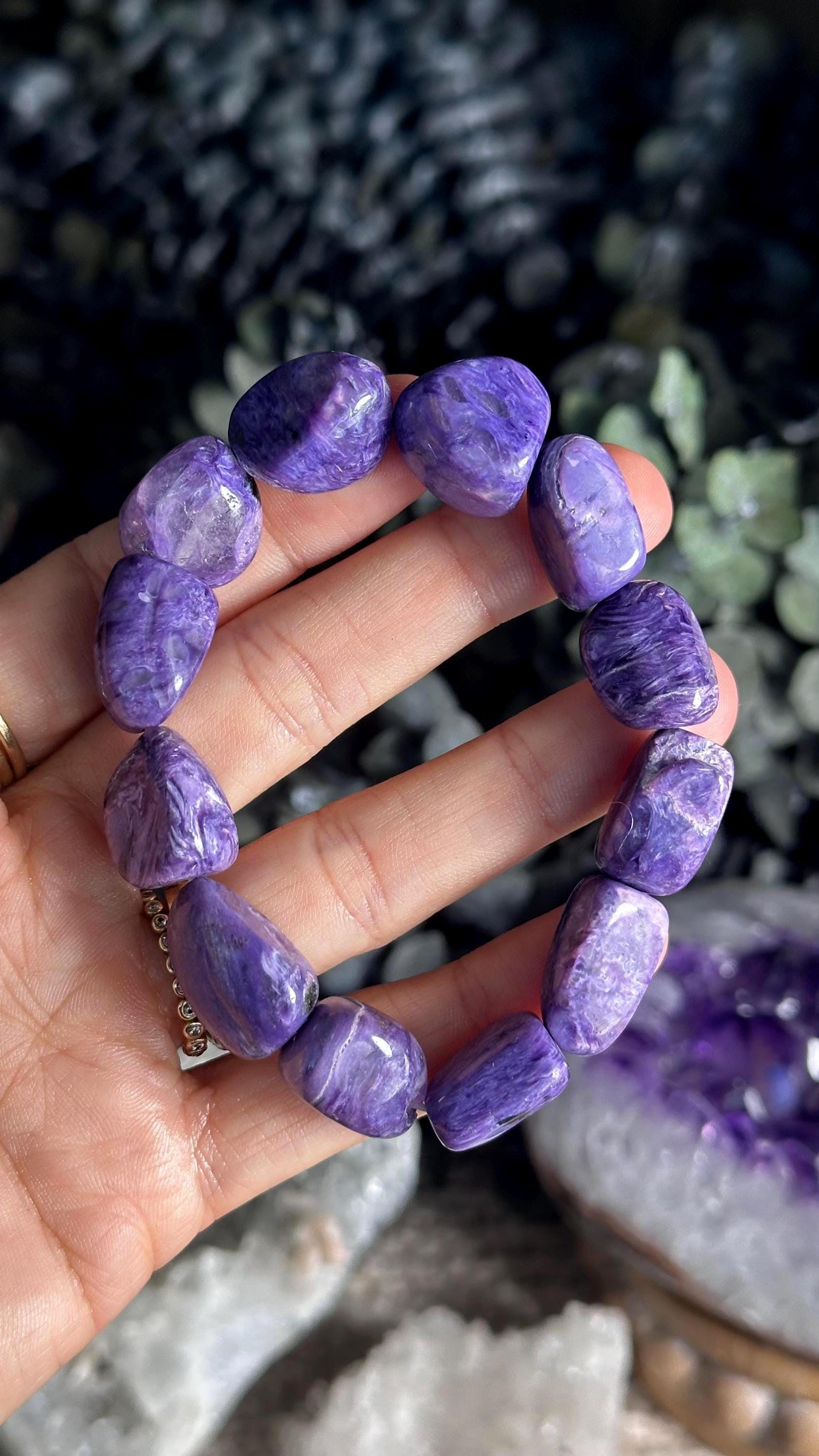 Chunky Tumbled Charoite Gemstone Bracelet, Stretchy Crystal Jewelry