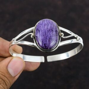 Charoite Cuff Bracelet: Handmade 925 Sterling Silver Adjustable Bangle