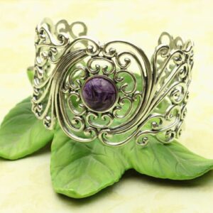 Charoite Cuff Bracelet, Purple Charoite Round Cabochon Sterling Silver Filigree Cuff