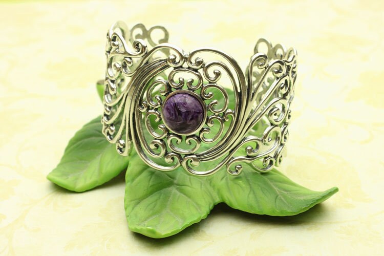 Charoite Cuff Bracelet, Purple Charoite Round Cabochon Sterling Silver Filigree Cuff