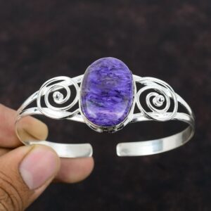 Charoite Gemstone Bangle: Handmade 925 Sterling Silver Cuff Bracelet