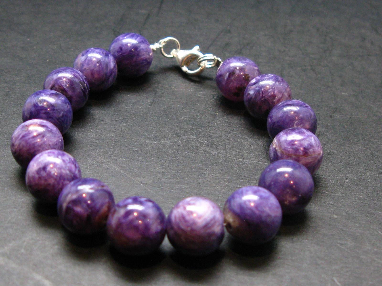 Charoite Genuine Bracelet - 25.84 Grams  - 10mm Round Beads - 7 Inches
