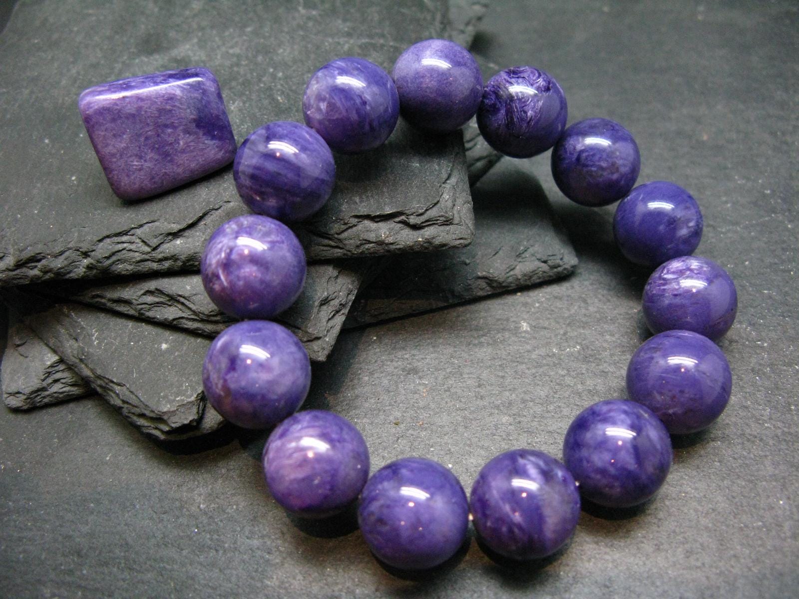 Charoite Genuine Bracelet ~ 7 Inches  ~ 14mm Round Beads