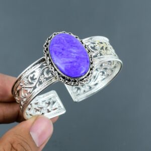 Handmade Charoite Bangle: 925 Sterling Silver Adjustable Cuff