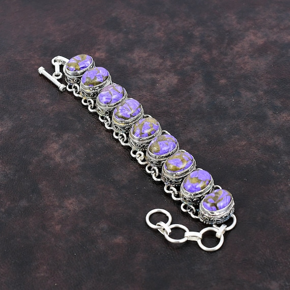 Handmade Copper Charoite Bracelet: 925 Sterling Silver Adjustable Chain