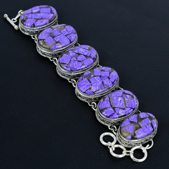 Handmade Copper Charoite Bracelet: 925 Sterling Silver Adjustable Chain