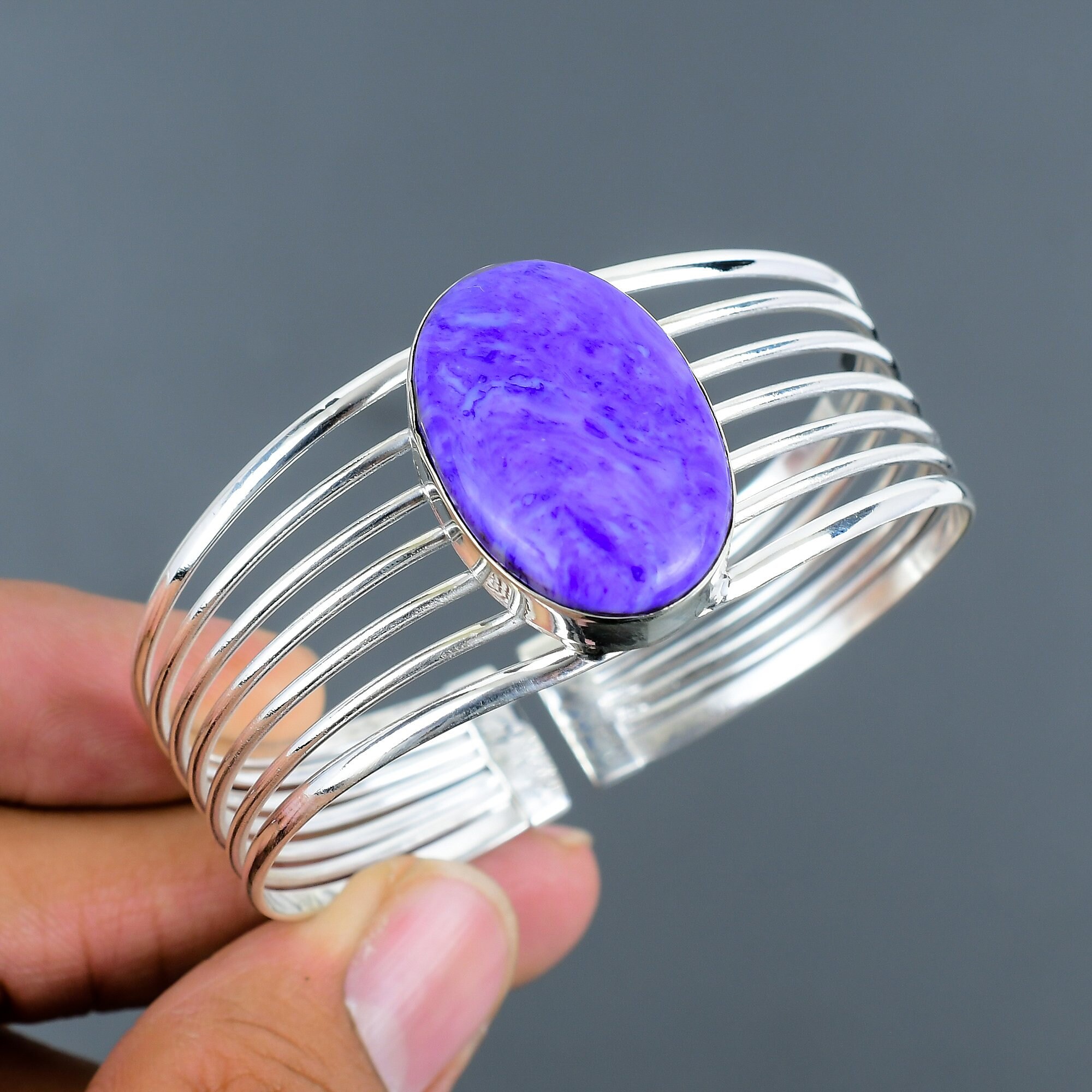 Handmade Charoite Cuff Bracelet, 925 Sterling Silver Bangle