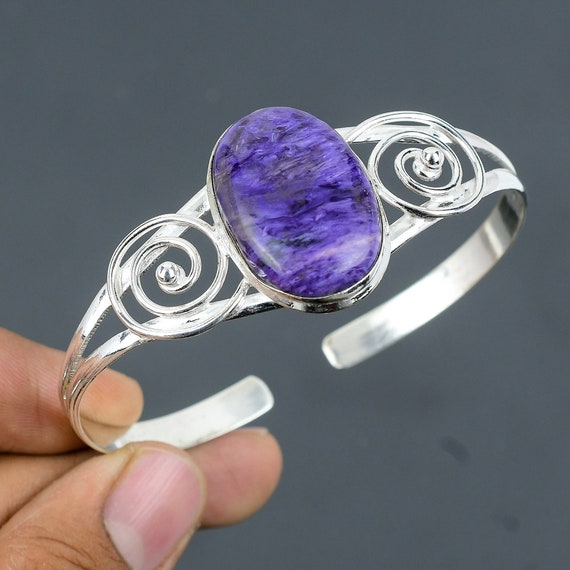 Handmade Charoite Cuff Bracelet: 925 Sterling Silver Adjustable Bangle
