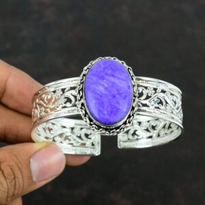 Handmade Charoite Cuff Bracelet: Adjustable Sterling Silver Bangle