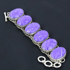 Handmade Charoite Gemstone Bracelet: Vintage 925 Sterling Silver, Adjustable