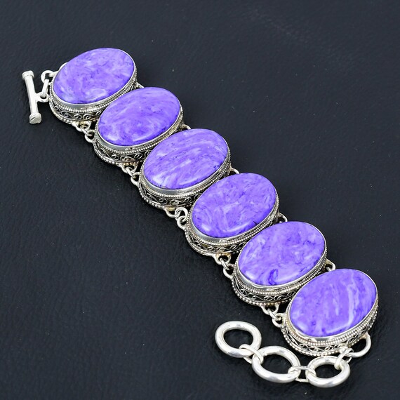 Handmade Charoite Gemstone Bracelet: Vintage 925 Sterling Silver, Adjustable