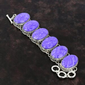 Handmade Charoite Gemstone Bracelet: Vintage 925 Sterling Silver Adjustable Chain