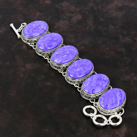 Handmade Charoite Gemstone Bracelet: Vintage 925 Sterling Silver Adjustable Chain