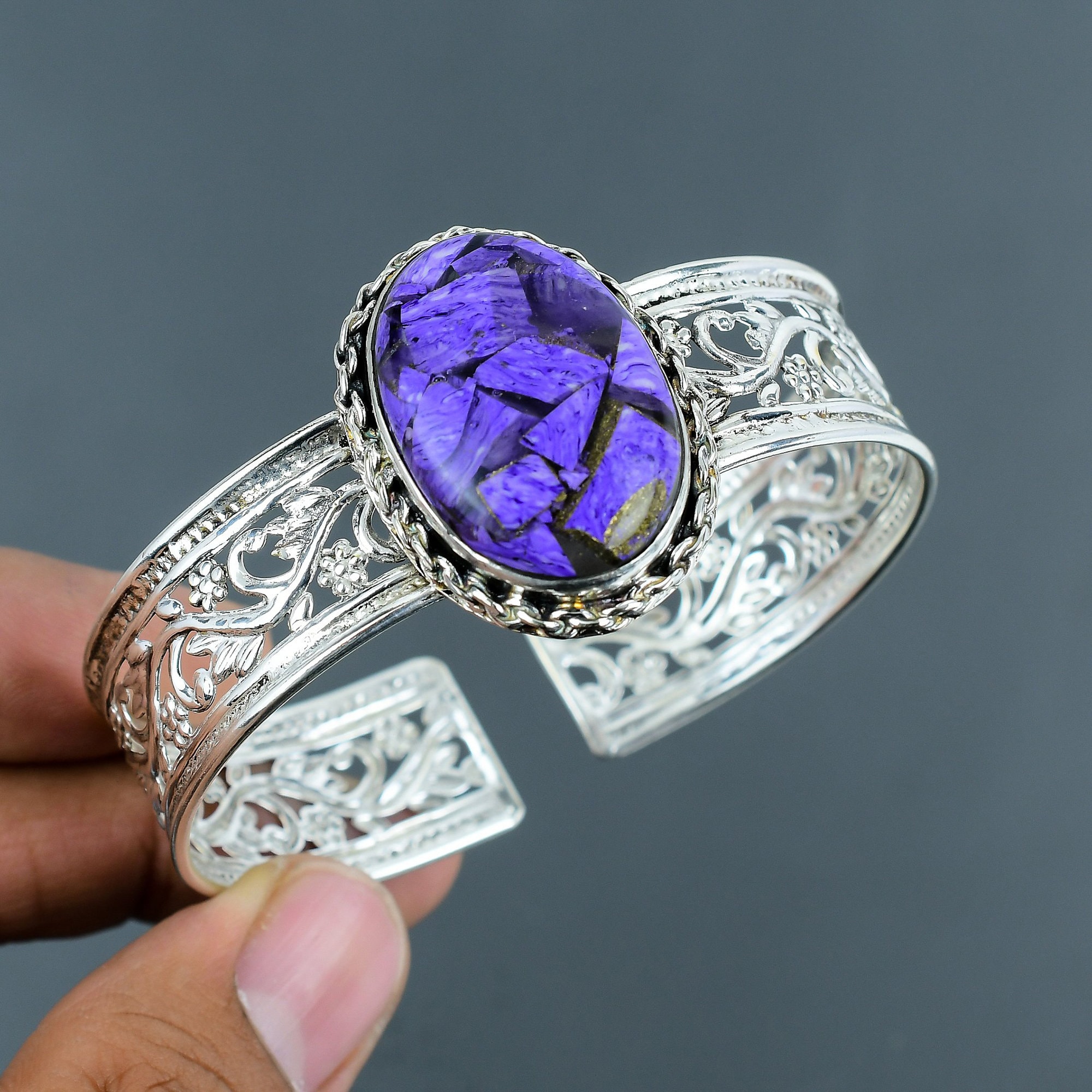 Handmade Sterling Silver Charoite Cuff Bracelet - Adjustable Gemstone Bangle Handmade Sterling Silver Charoite Cuff Bracelet - Adjustable Gemstone Bangle
