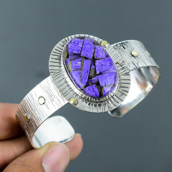 Handmade Sterling Silver Charoite Cuff Bracelet - Adjustable Gemstone Bangle