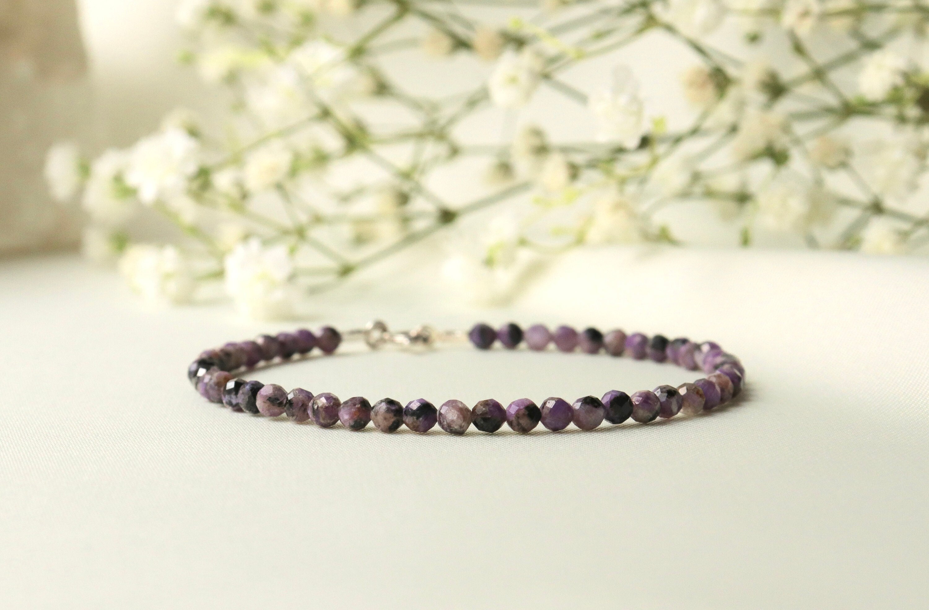 Charoite Bracelet Sterling Silver, 3mm Bead Gemstone Bracelet