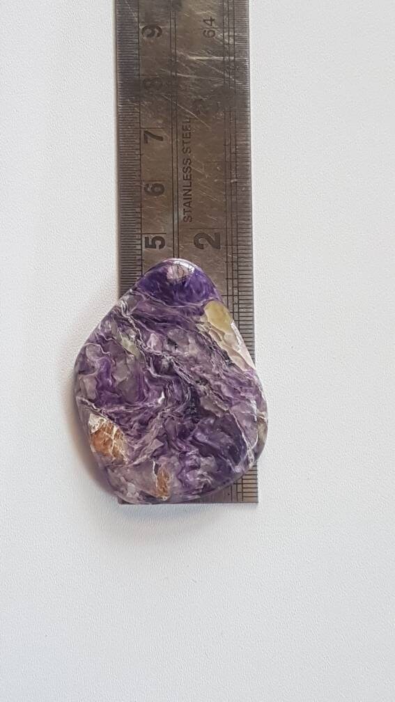 Natural Charoite Cabochon: Fancy Shape, Semi-precious Stone (4.5×3.5×0.6 Cm) Natural Charoite Cabochon: Fancy Shape, Semi-precious Stone (4.5×3.5×0.6 Cm)
