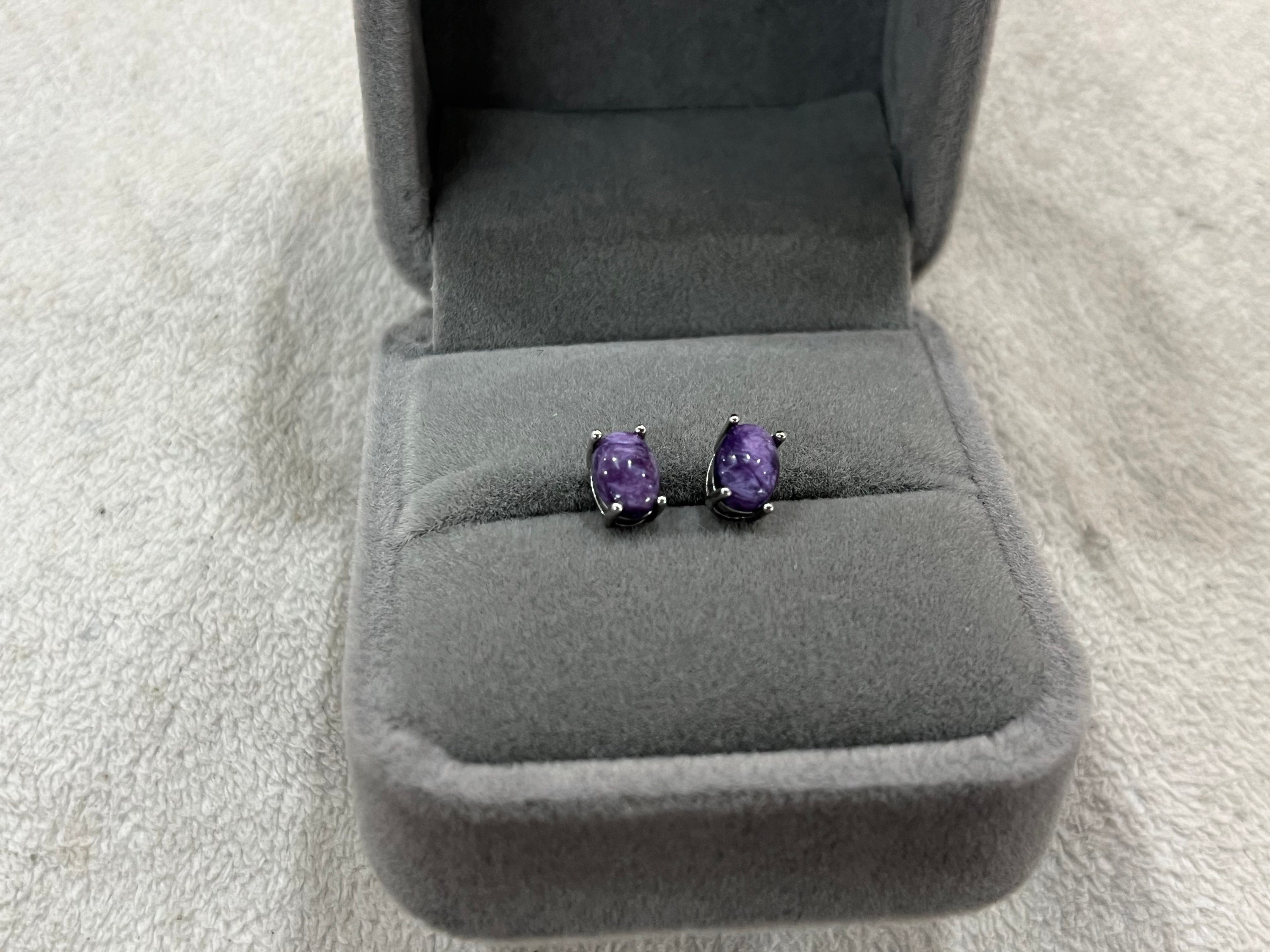 5x7mm Oval Purple Charoite Genuine Gemstone Stud Earrings With 925 Sterling Silver Accessory ---1 Pair (2pcs)