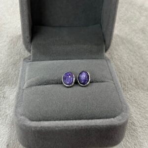 6x8mm Oval Purple Charoite Genuine Gemstone Stud Earrings With 925 Sterling Silver Accessory ---1 Pair (2pcs)