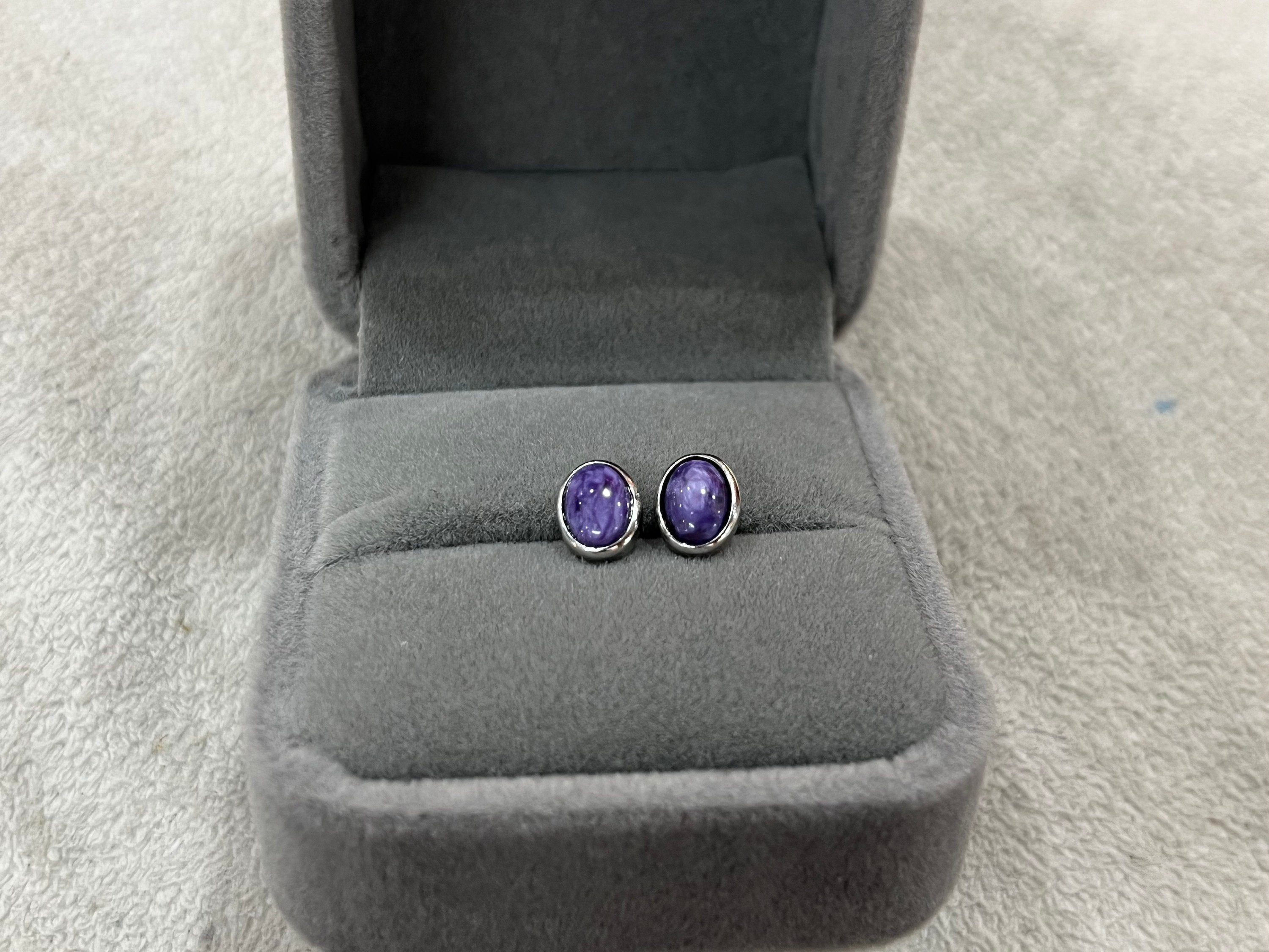 6x8mm Oval Purple Charoite Genuine Gemstone Stud Earrings With 925 Sterling Silver Accessory ---1 Pair (2pcs)