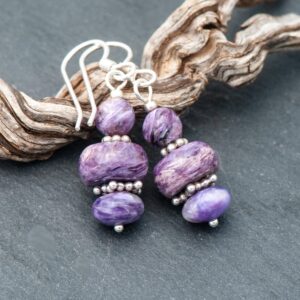 Chunky Charoite Earrings, Rare Purple Natural Stone Dangles, 925 Sterling Silver French Ear Wires, Heart Chakra