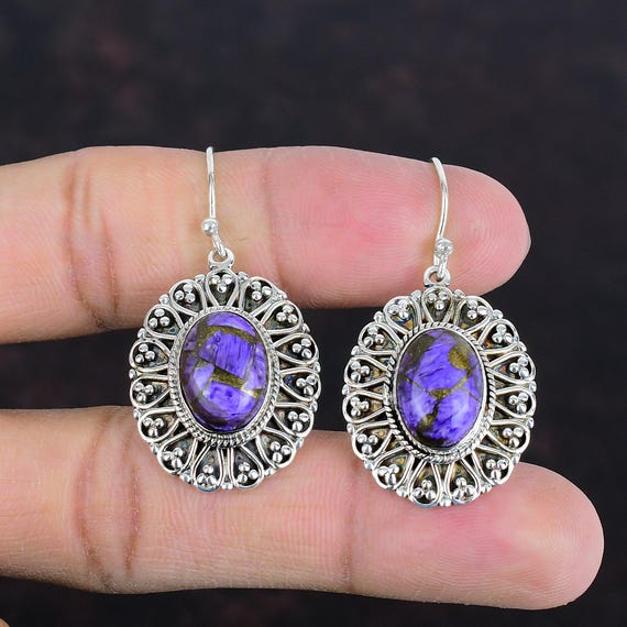 Copper Charoite Earrings: Vintage 925 Sterling Silver Gemstone Jewelry