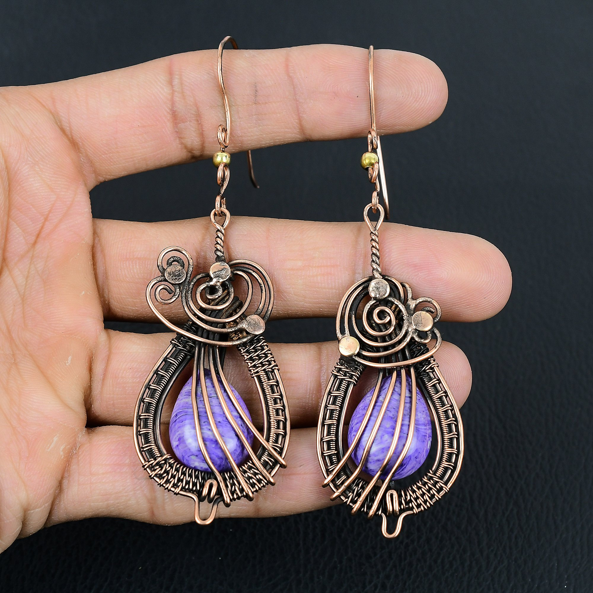 Charoite Earrings, Copper Wire Wrapped Earrings, Charoite Gemstone Handmade Jewelry Dangle Earrings Birthday, Wedding, New Year For Her Charoite Earrings, Copper Wire Wrapped Earrings, Charoite Gemstone Handmade Jewelry Dangle Earrings Birthday, Wedding, New Year For Her